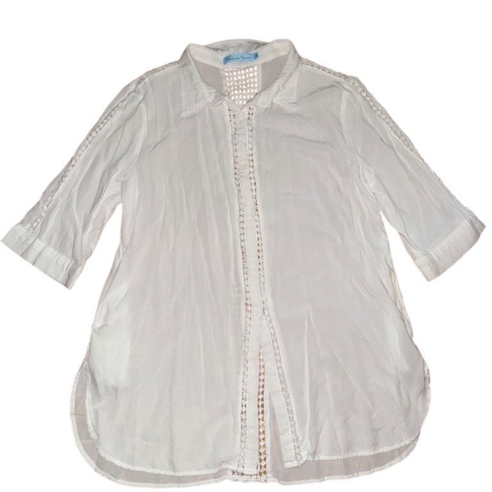 Solitaire Swim Cover-Up Tunic Shirt Womens L White Sheer Button Front crochet